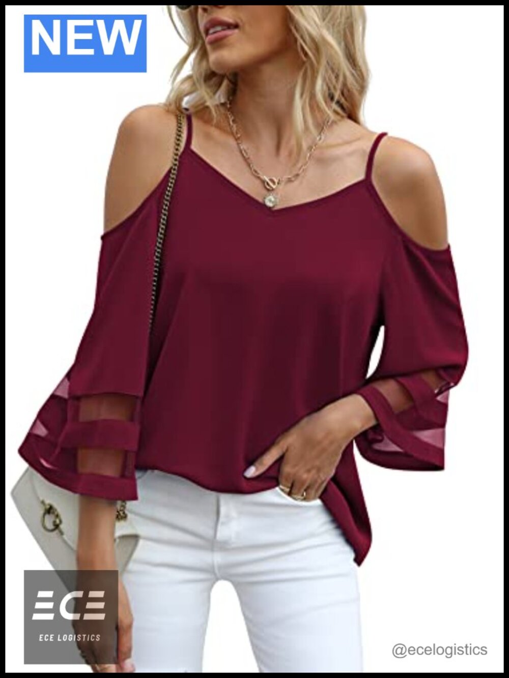 Cold Shoulder Mesh Panel Bell Sleeve V Neck Blouse
